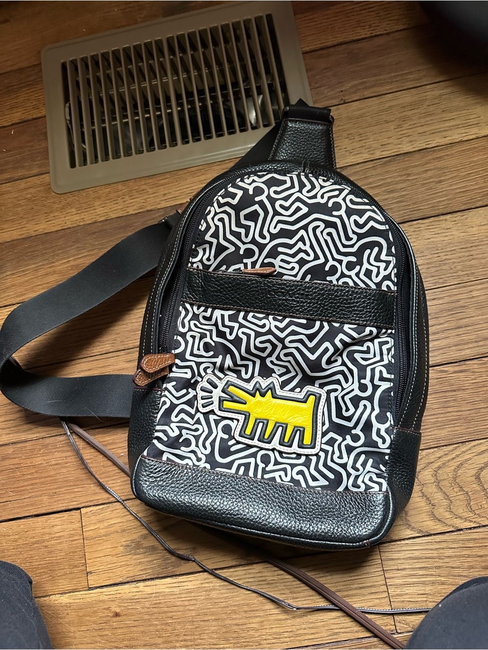 Keith Haring X Coach Black & White Graphic Crossbody Sling Bag w/ Dog Accent